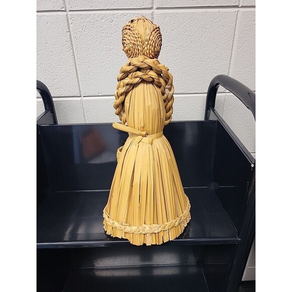 Corn Husk Braided Wooden Head Dolls 14", 8", 6.5" Holding Flowers Basket-3 *Read - Picture 6 of 12